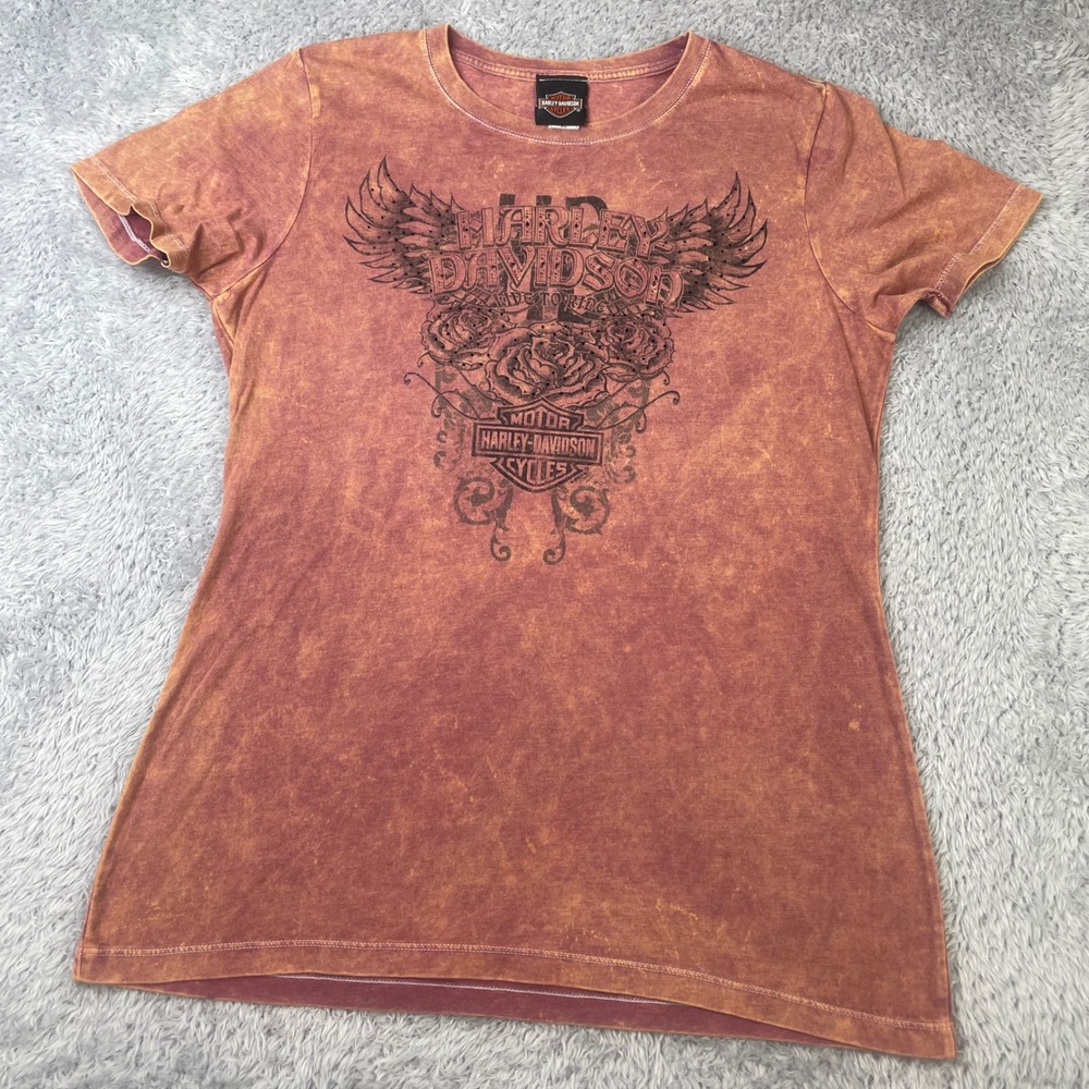 Harley Davidson T Shirt Women XL (READ) Orange Mineral Wash Roses Rhinestone